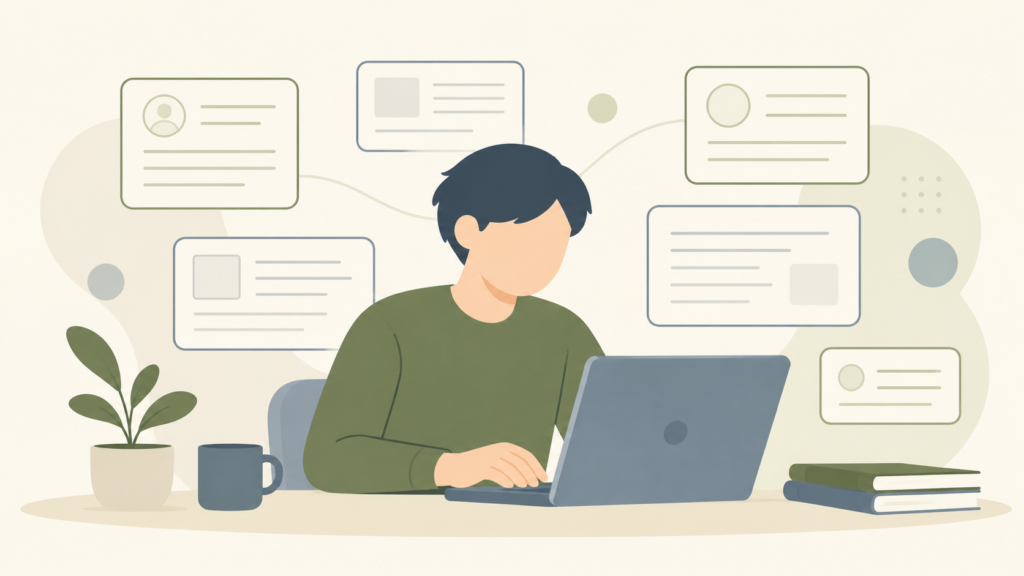 自分の仕事のこだわりや実績を、本人がノートPCで書いているイラスト